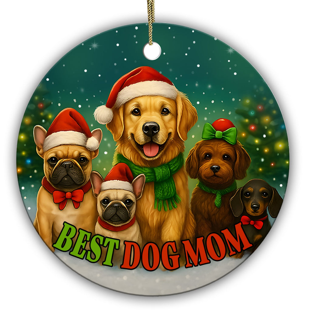 Five Dogs in Hats, Scarves and Bows Before a Bokeh-Lit Tree. Ceramic Keepsake for Dog Moms and Multi-Dog Homes.