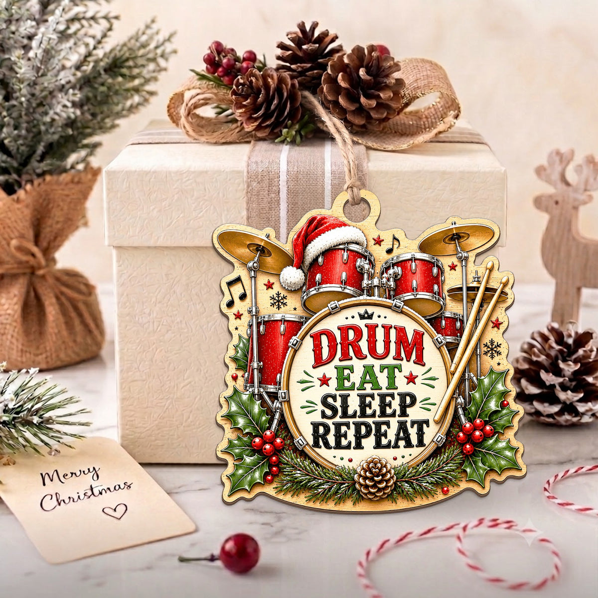 Drum Christmas Ornament, Stocking Stuffer For Percussionist, Wood Hanging Tree Decoration