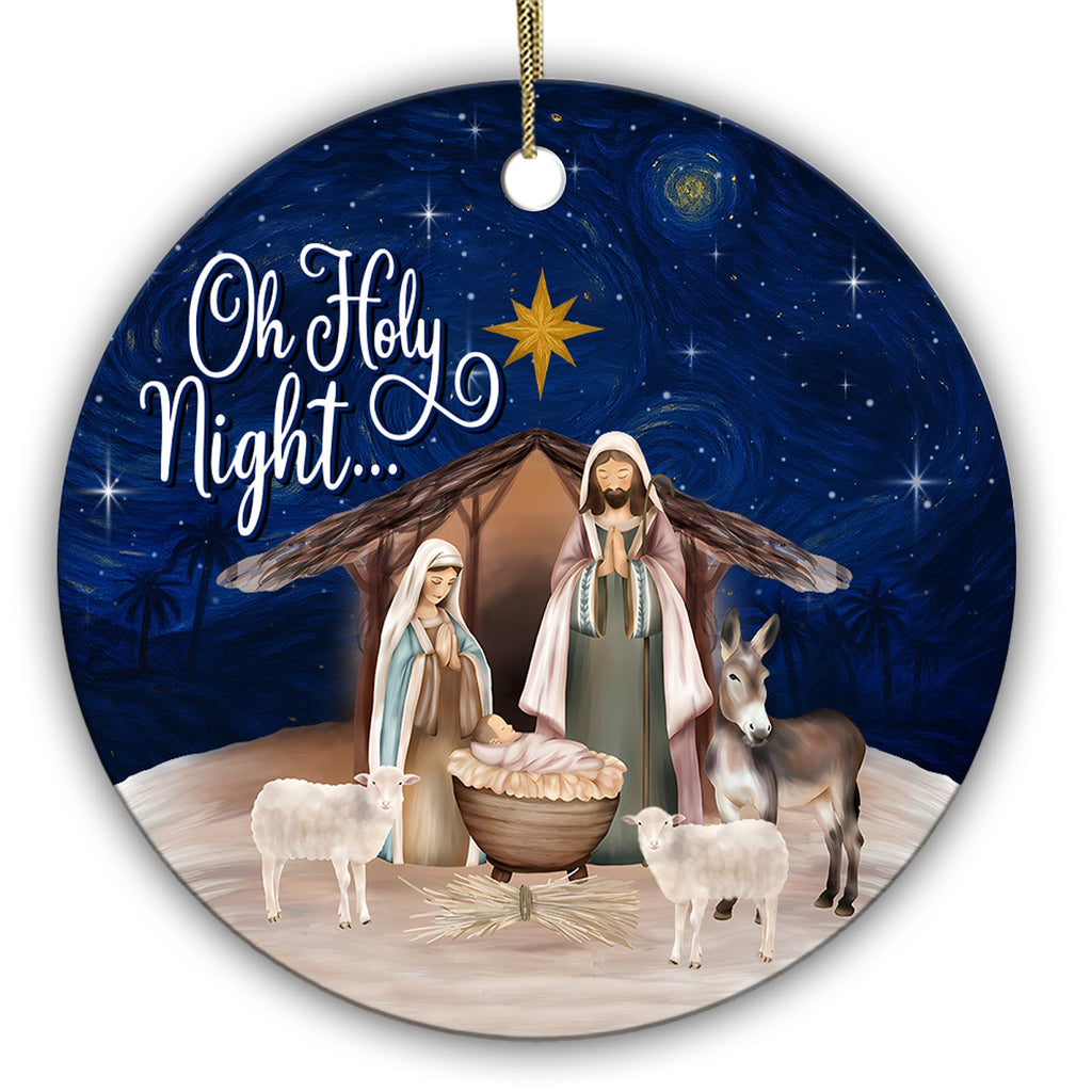 Oh Holy Night. The Manger Scene Under a Golden Star and a Swirling Midnight Sky, Ceramic Keepsake.