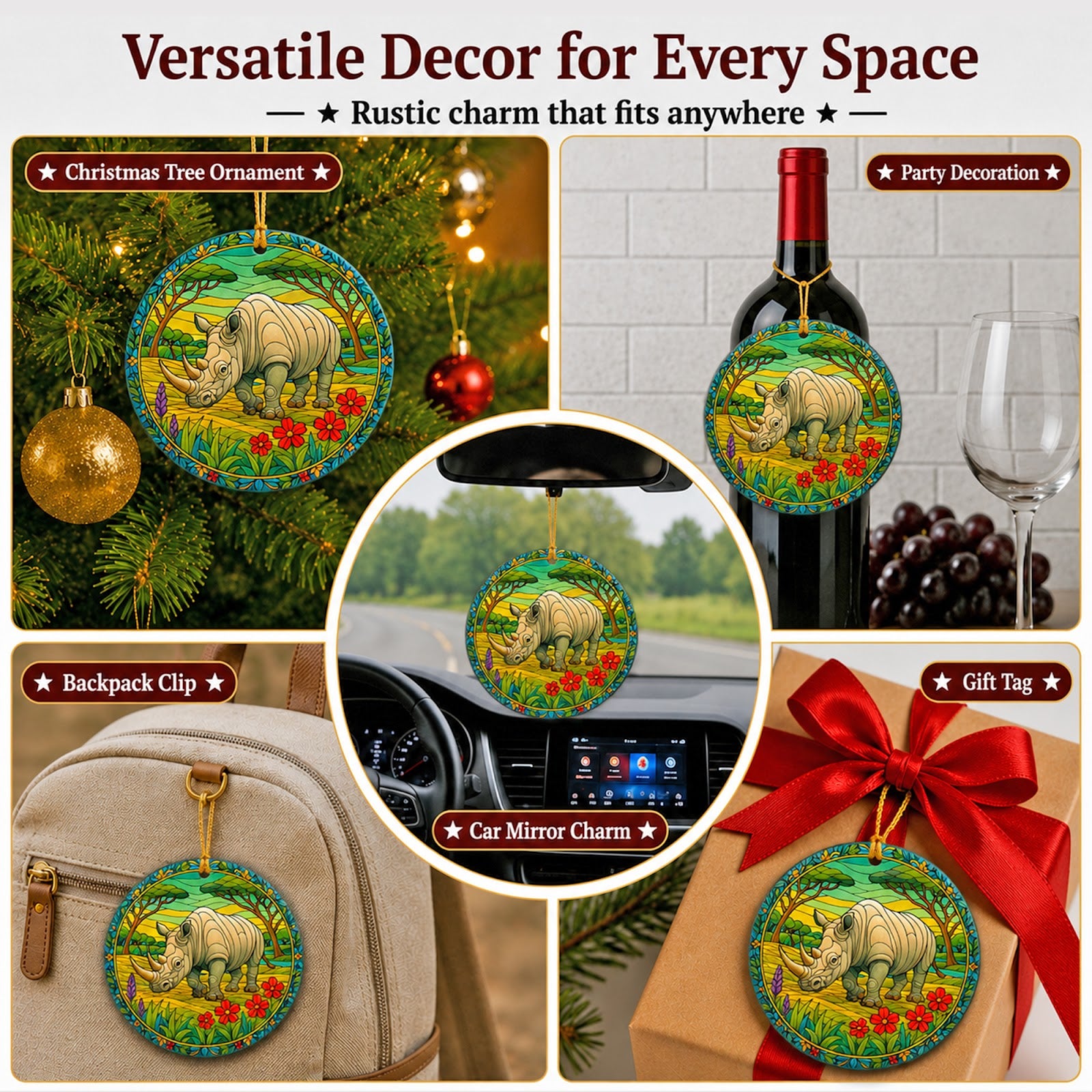 Rhino Christmas Ornament, Stained Glass Safari Animal Gift, Ceramic Hanging Tree Decoration