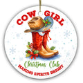 Felt Hat Resting on Red Cowboy Boots With Holly and a Ribbon Bow. Ceramic Keepsake for Western Christmas Trees.