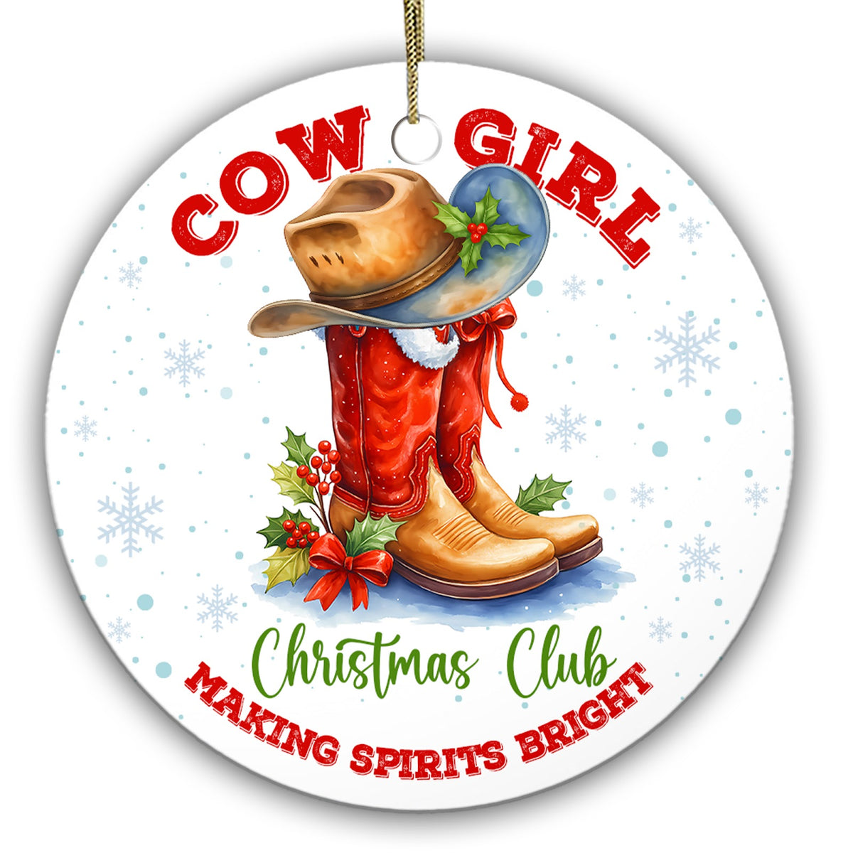 Felt Hat Resting on Red Cowboy Boots With Holly and a Ribbon Bow. Ceramic Keepsake for Western Christmas Trees.