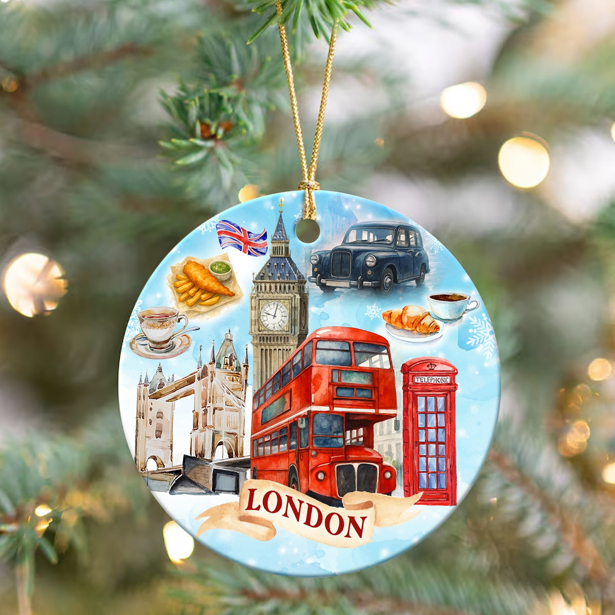 London Christmas Ornament, Double Decker Bus Souvenir Gift, Ceramic Hanging Tree Decoration