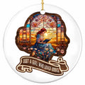 Red-Haired Reader Backlit by a Sunset Through Cathedral Windows Among Blush Roses. Ceramic Keepsake for Readers.