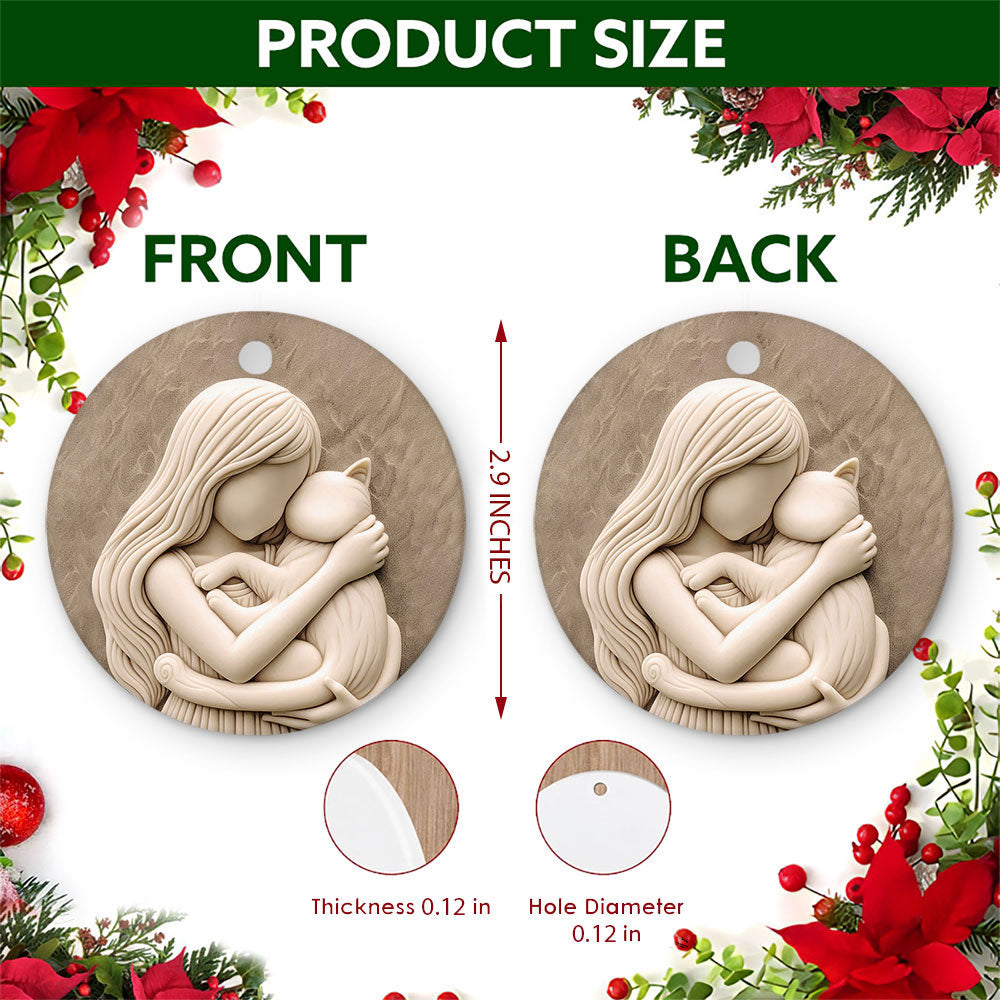 Cat Mom Christmas Ornament, Sculpted Woman Hugging Cat Keepsake, Ceramic Tree Decoration