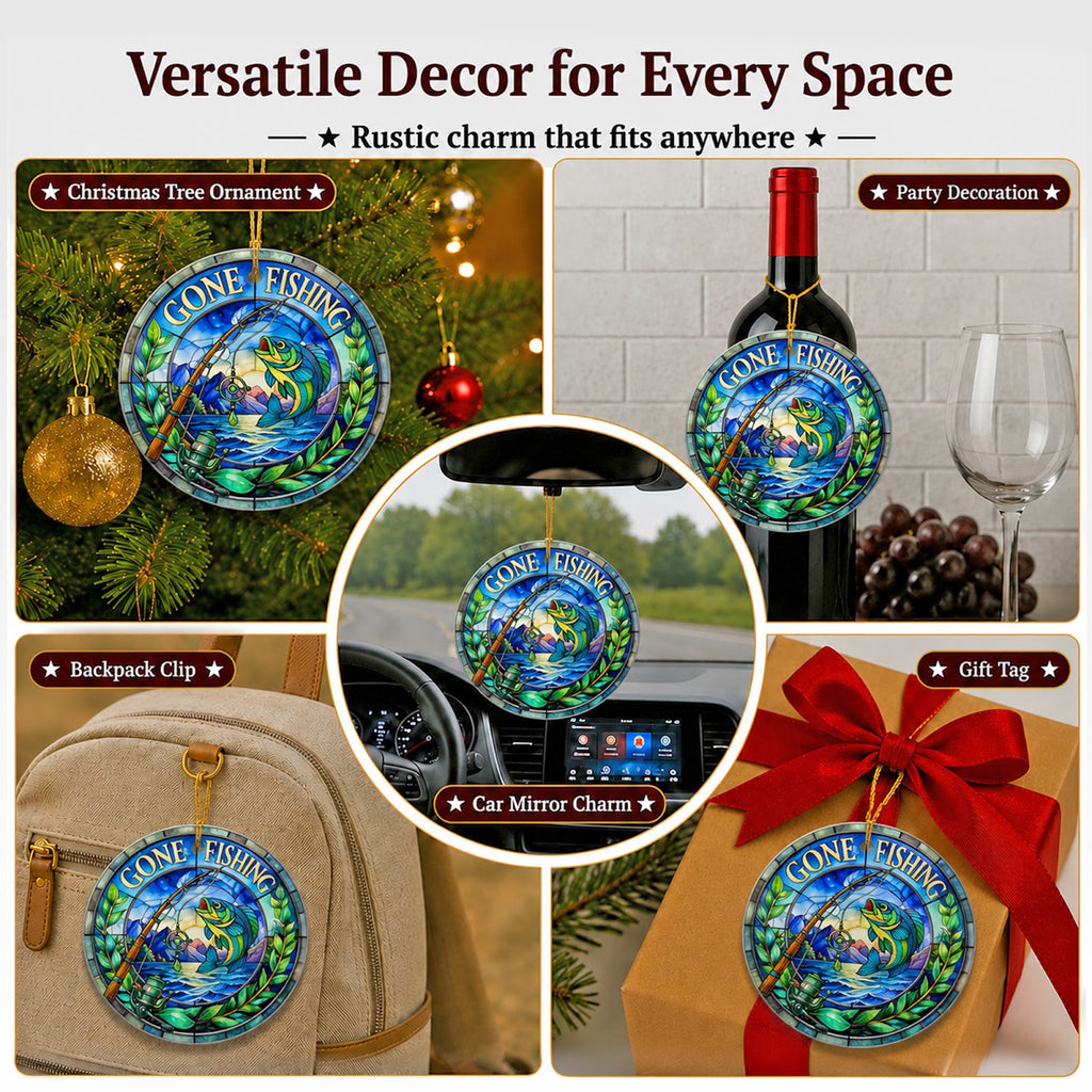Fishing Christmas Ornament, Stained Glass Bass Angler Gift, Ceramic Hanging Tree Decoration