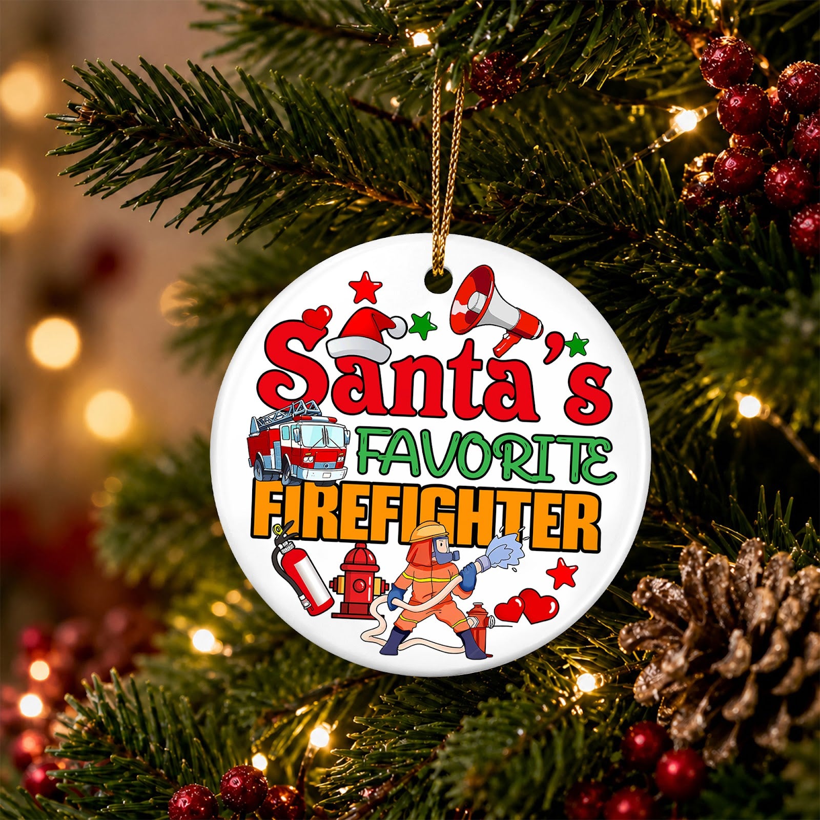 Firefighter Christmas Ornament, Santas Favorite Gift, Ceramic Hanging Tree Decoration