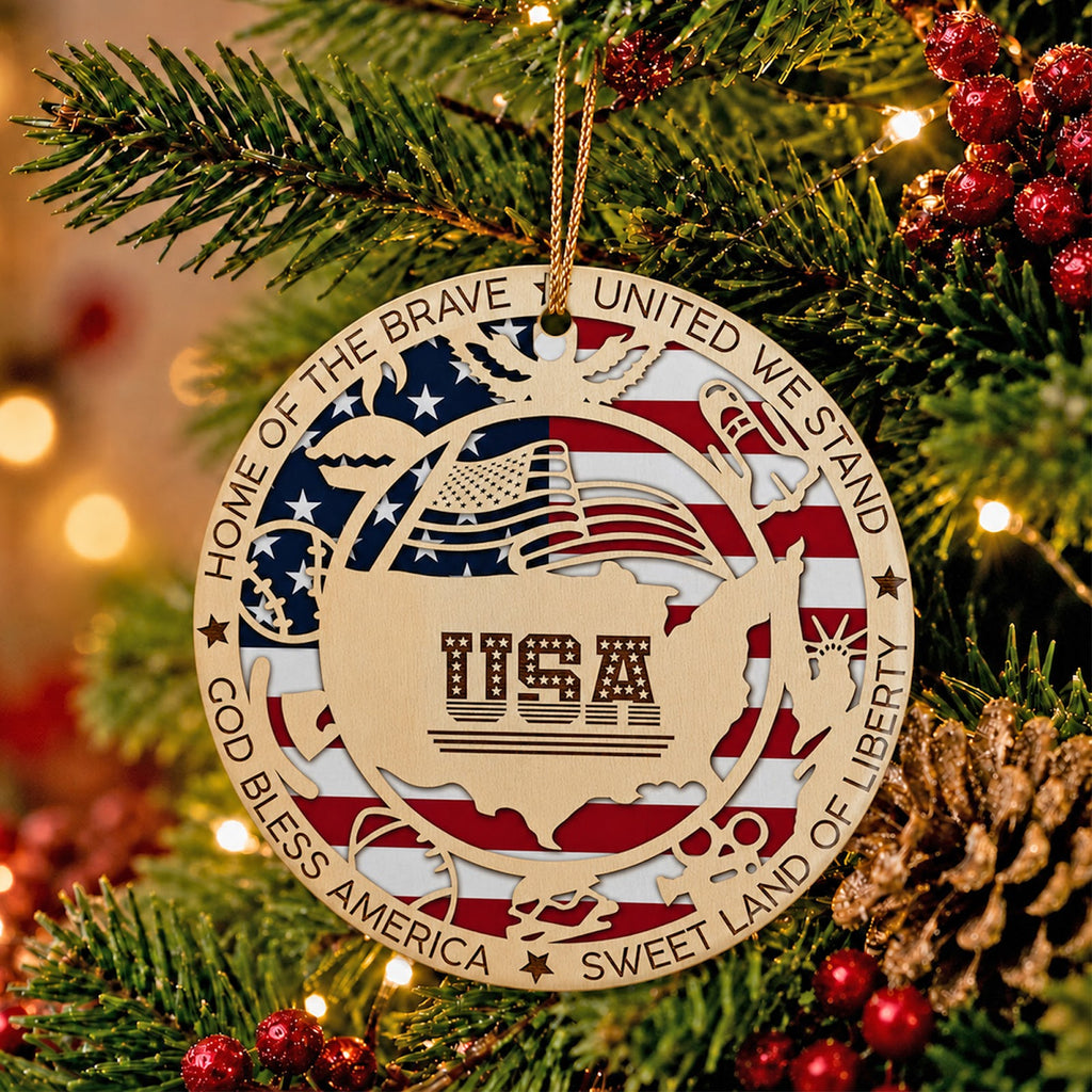 Patriotic Christmas Ornament, USA Flag Seal Americana Gift, Ceramic Hanging Tree Decoration