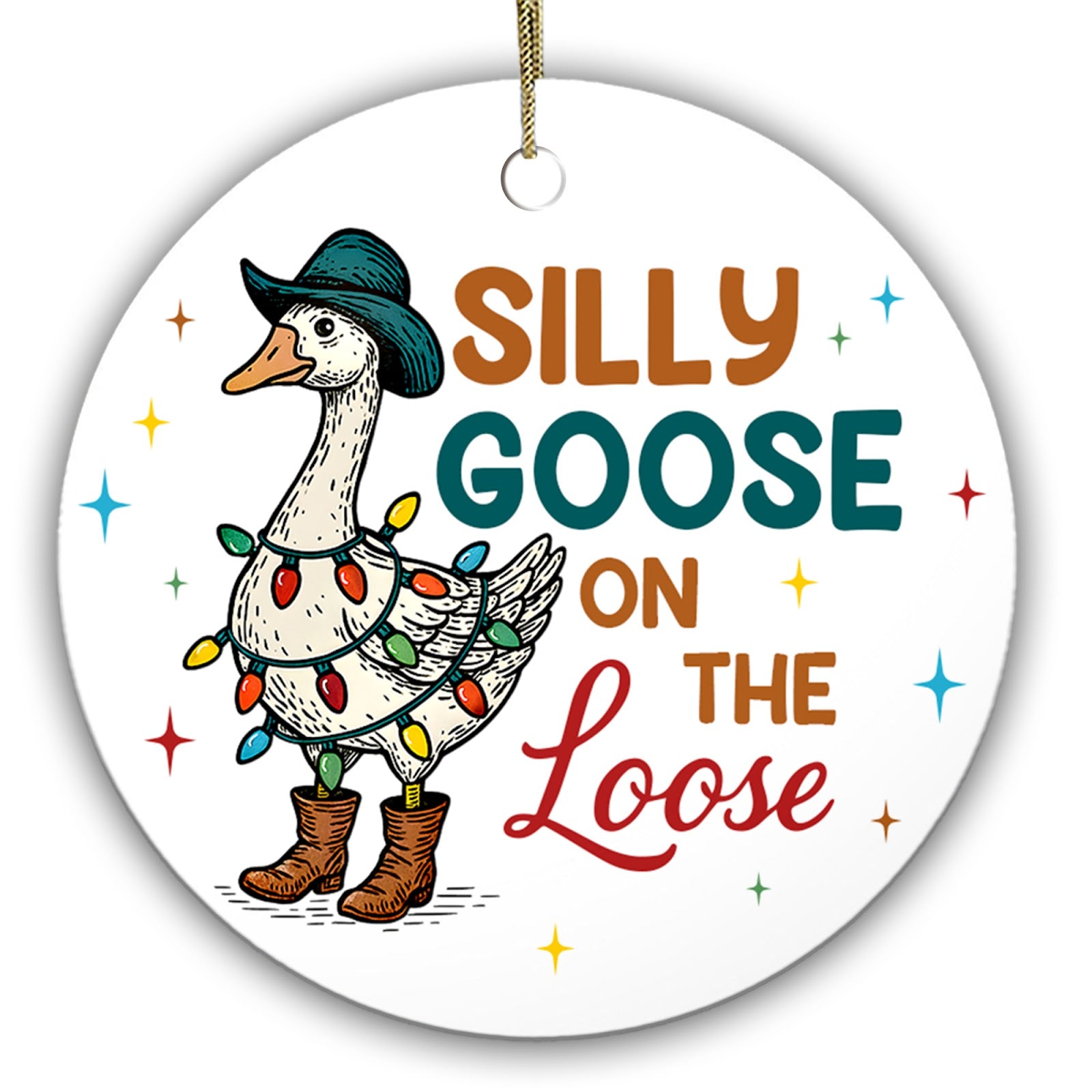 Goose in a Wide-Brim Hat and Cowboy Boots Wrapped in Lights. Ceramic Keepsake for Goofy Friends.
