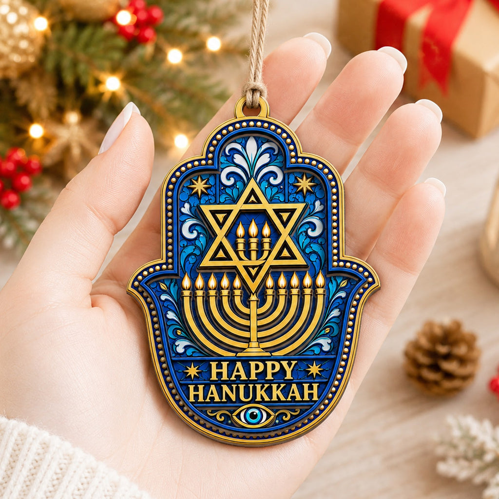 Happy Hanukkah Jewish Menorah Christmas Ornament, Menorah Festival Keepsake, Wood Ornament