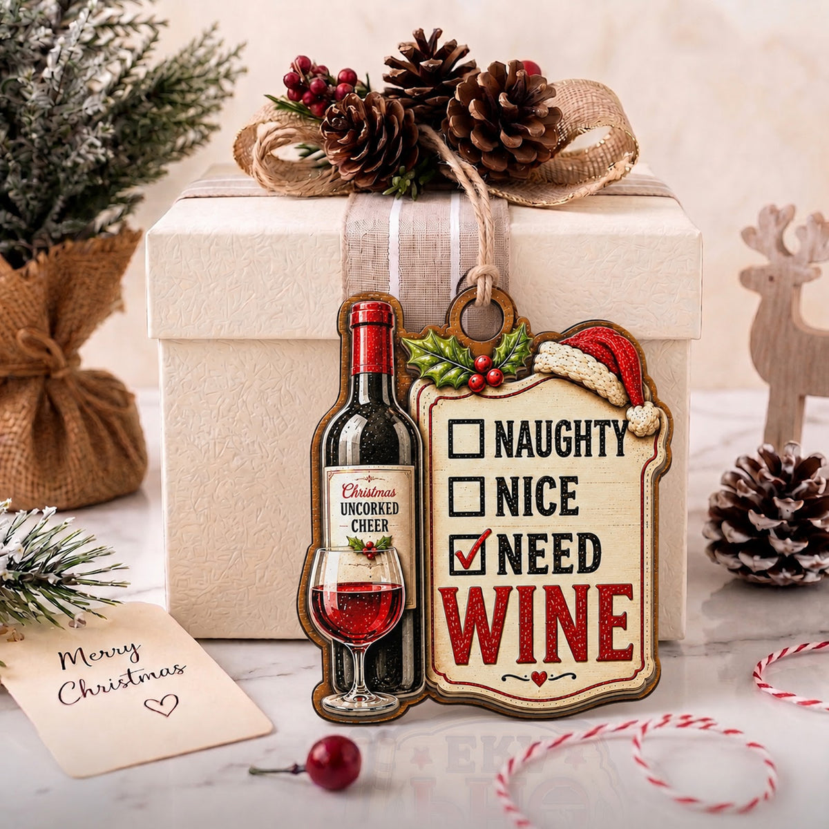 Wine Bottle Wood Christmas Ornament