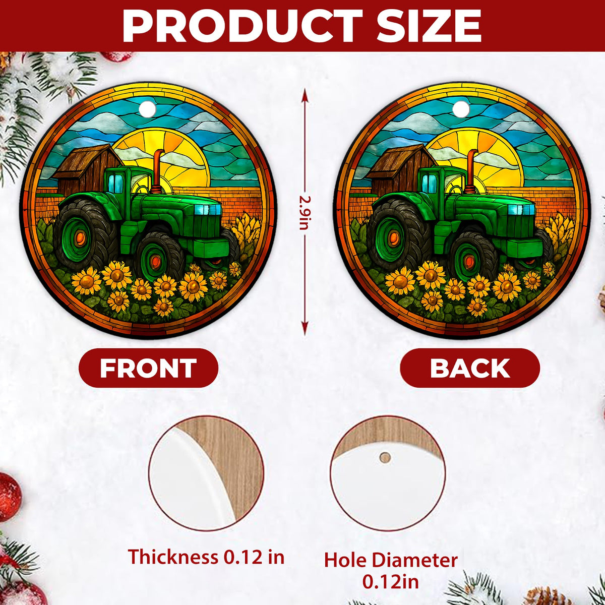Tractor Christmas Ornament, Farm Barn Sunflower Farmer Gift, Ceramic Hanging Tree Decoration