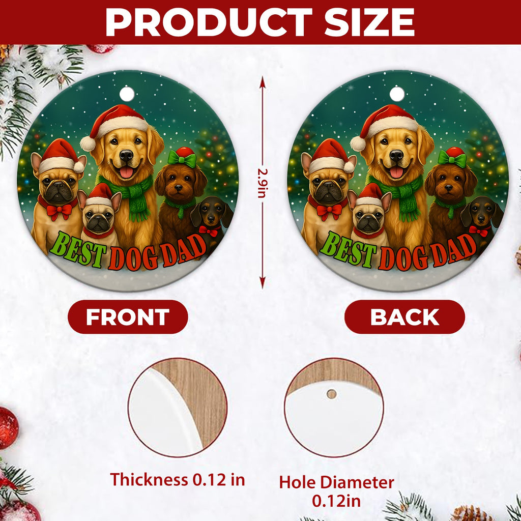Dog Dad Christmas Ornament, Best Dog Dad Five Dogs Gift, Ceramic Hanging Tree Decoration