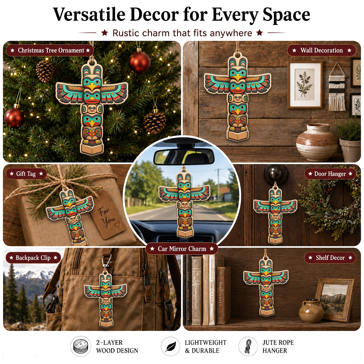 Whimsical Totem Pole Native Art Christmas Ornament, Pacific Northwest Keepsake, Wood Ornament