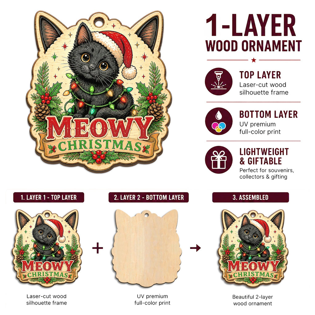 Black Cat Christmas Ornament, Stocking Stuffer For Cat Mom, Wood Hanging Tree Decoration