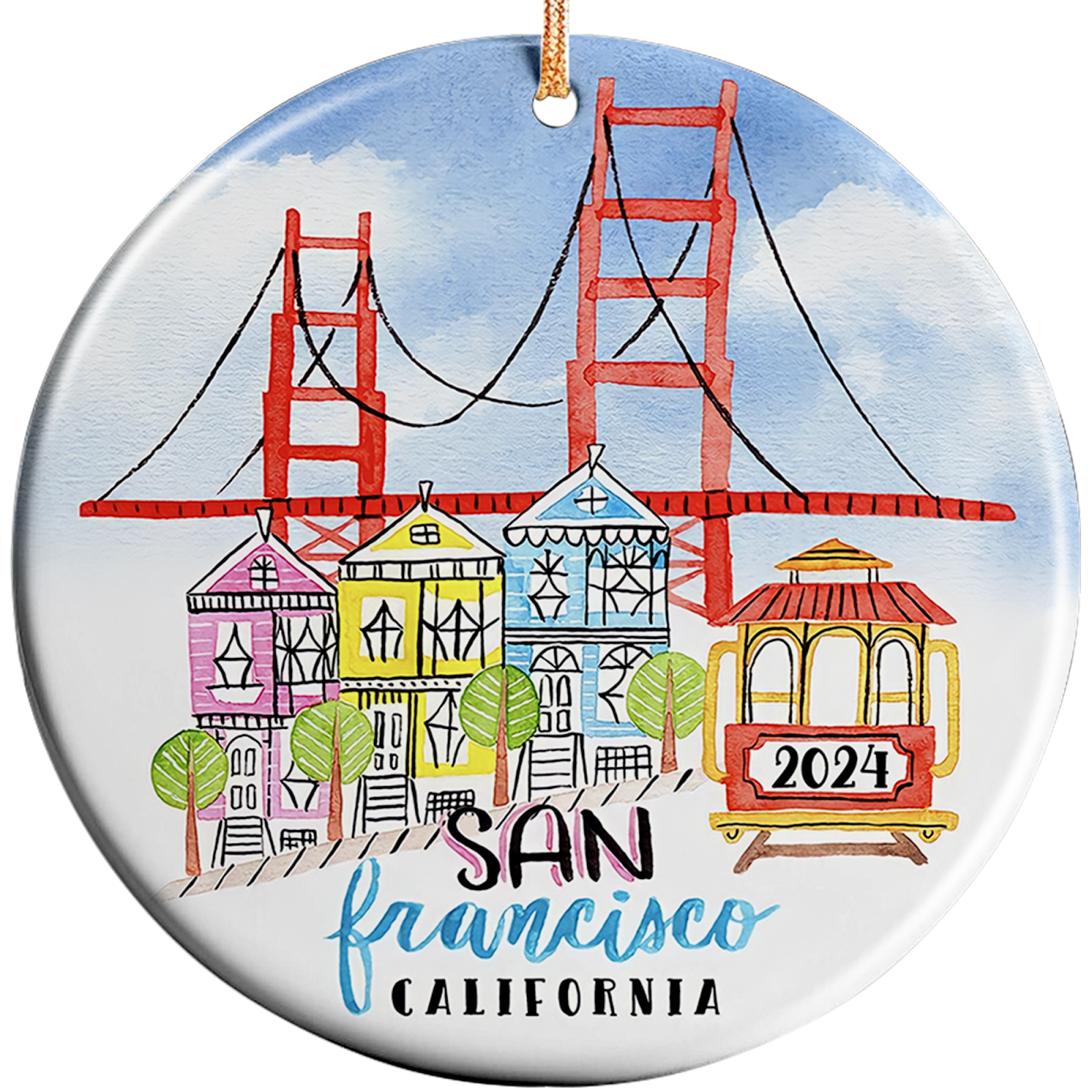 Red Bridge Towers, Painted Victorian Houses and a Cable Car. Ceramic Keepsake for Bay Area Travel Memories.