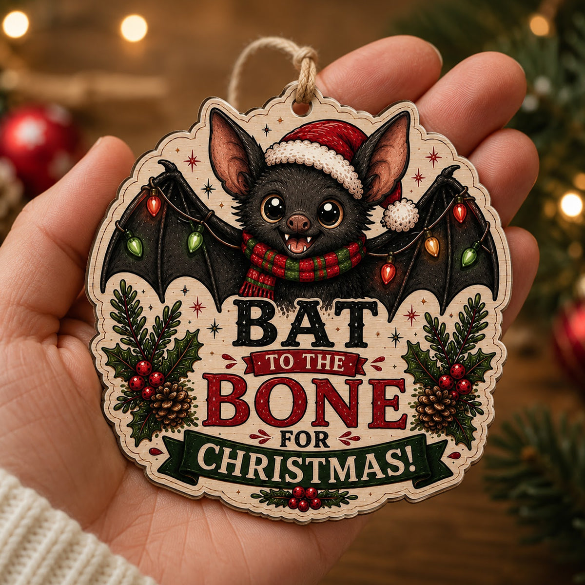 Bat Christmas Ornament, Stocking Stuffer For Unique Animal Fan, Wood Hanging Tree Decoration