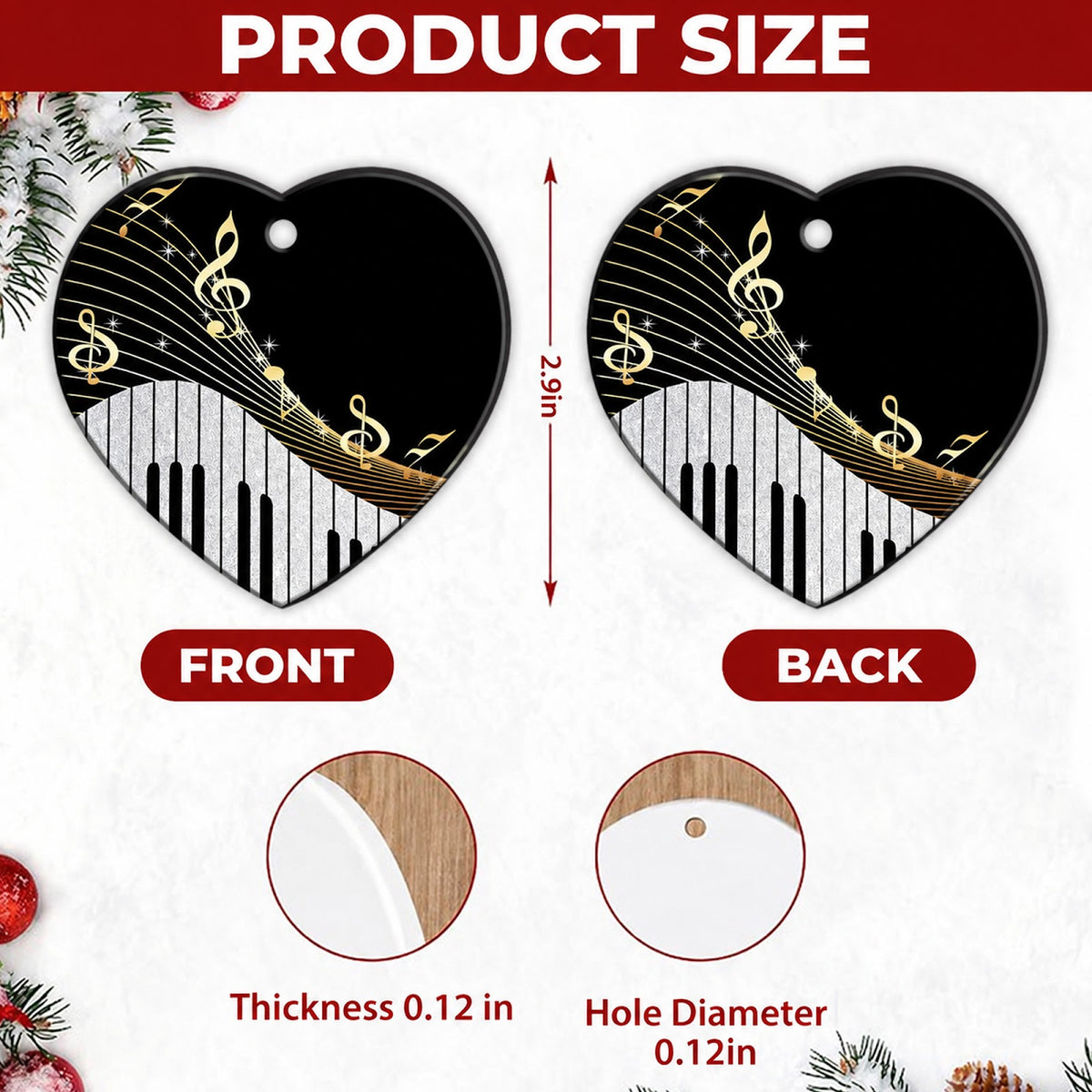 Music Christmas Ornament, Heart Treble Clef Piano Gift, Ceramic Hanging Tree Decoration
