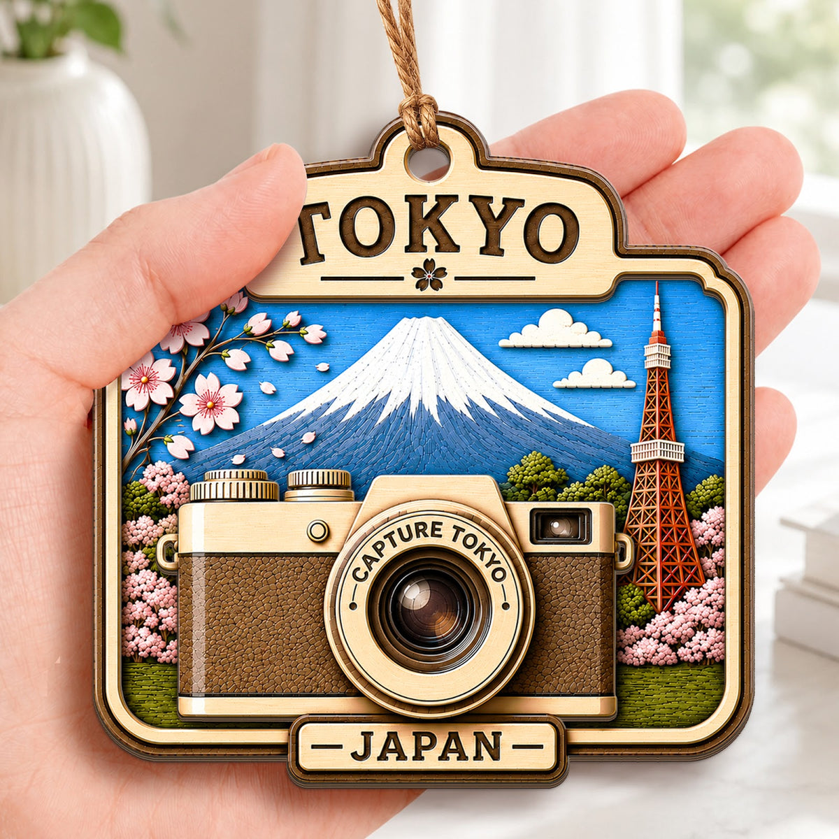 Tokyo Camera Christmas Ornament, Japan Skyline Photographer Travel Gift, Wood Tree Decoration