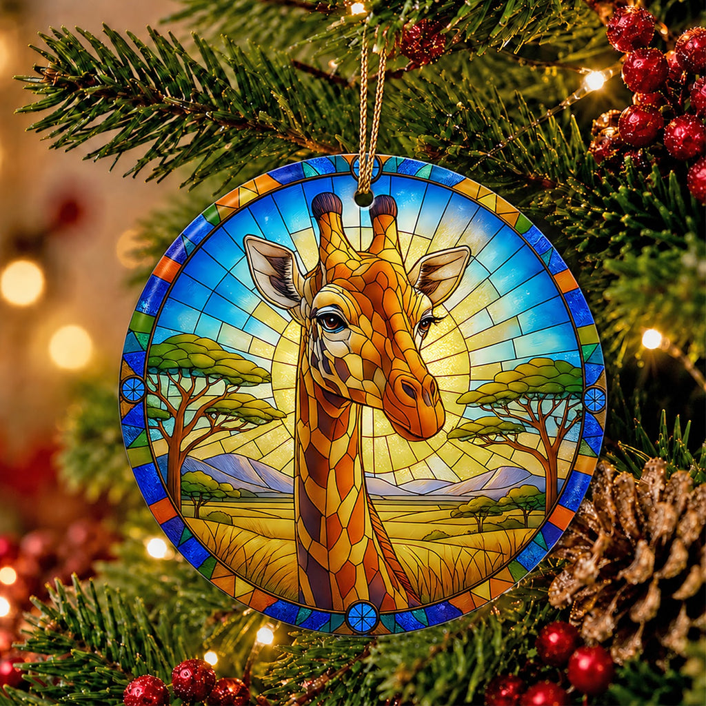 Giraffe Christmas Ornament, Stained Glass Safari Zoo Gift, Ceramic Hanging Tree Decoration