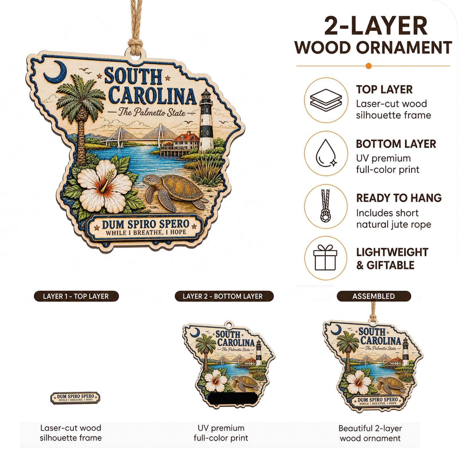 South Carolina Christmas Ornament, Palmetto Moon Lowcountry Souvenir Gift, Wood Tree Decoration