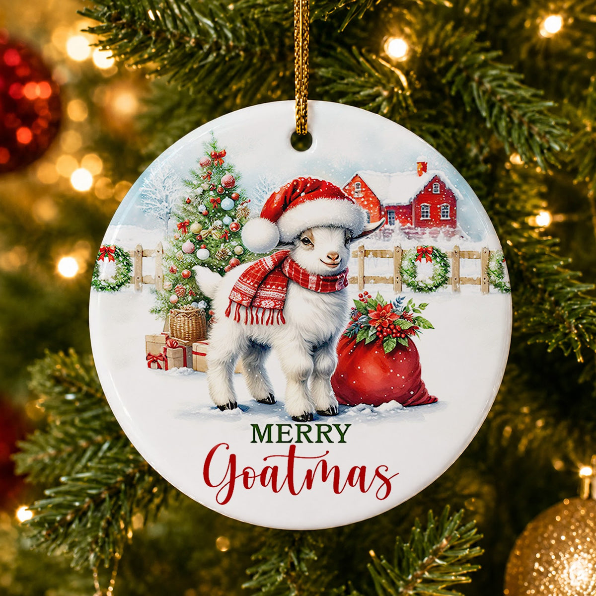 Goat Christmas Ornament, Merry Goatmas Farmhouse Gift, Ceramic Hanging Tree Decoration