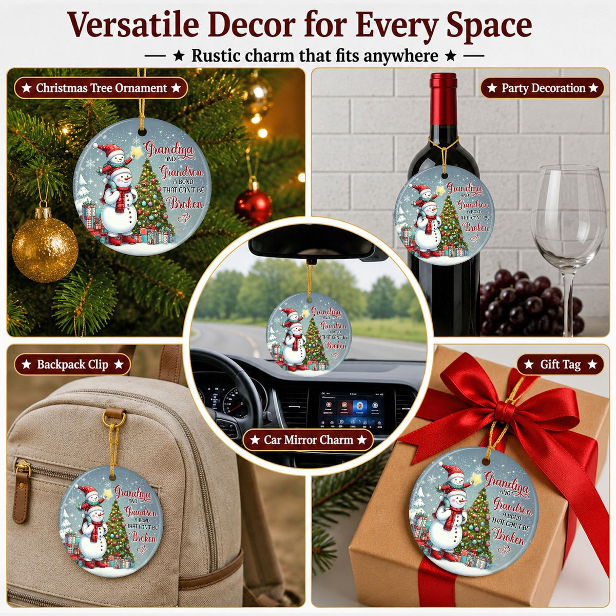 Grandma and Grandson Christmas Ornament, Family Keepsake Gift, Ceramic Hanging Tree Decoration