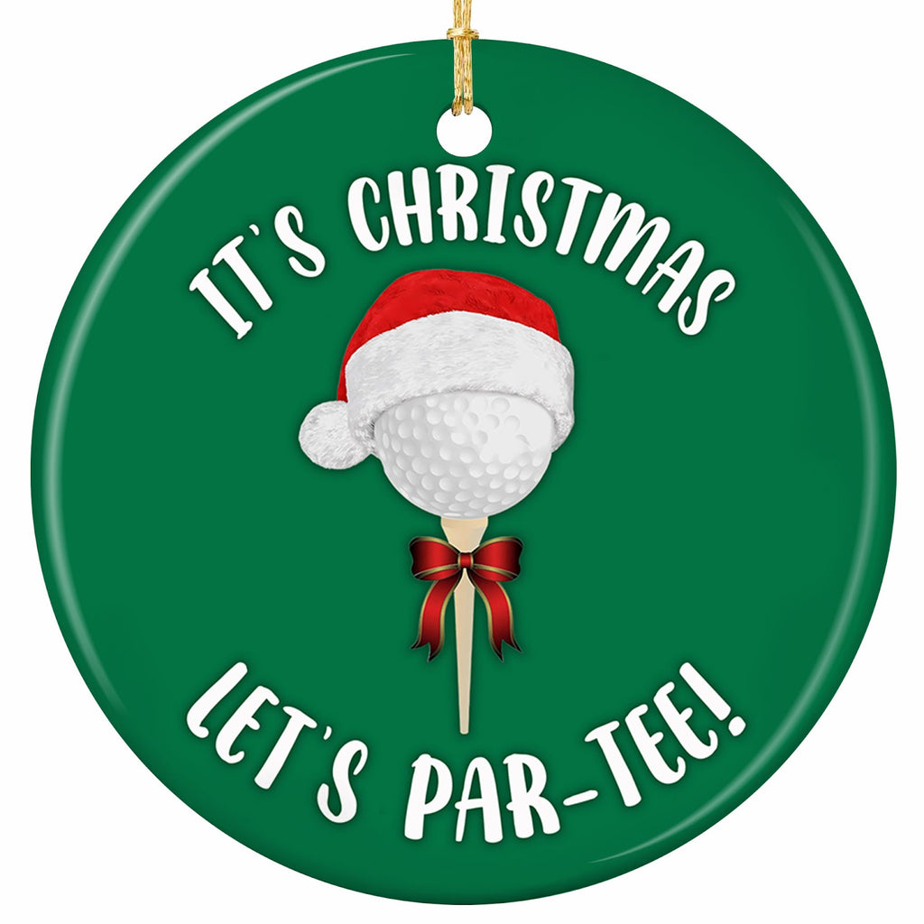 Golf Ball in a Santa Hat Balanced on a Tee With a Plaid Ribbon Bow. Ceramic Keepsake for Golfers.