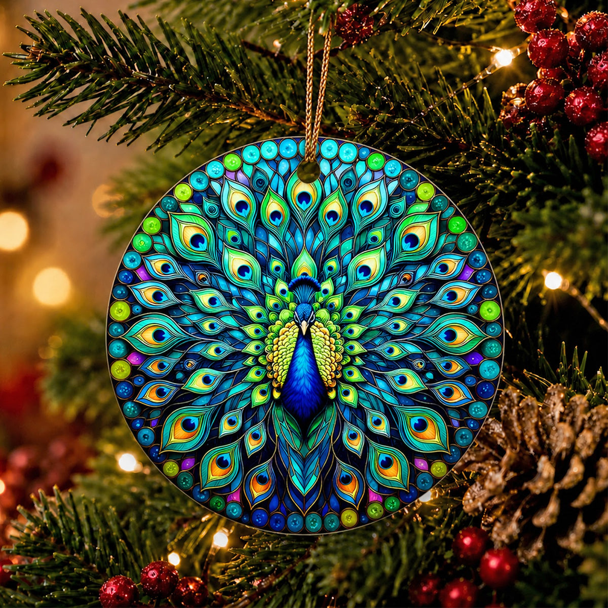 Peacock Christmas Ornament, Jeweled Mosaic Bird Decor Gift, Ceramic Hanging Tree Decoration