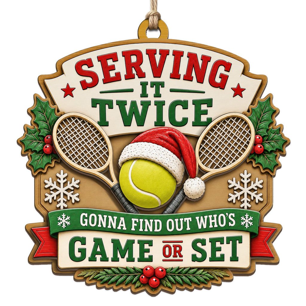 Santa Hatted Ball Rests Between Two Crossed Rackets Amid Holly And Snow. Great Gift For Tennis Fans And Coaches.