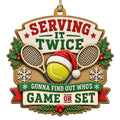Santa Hatted Ball Rests Between Two Crossed Rackets Amid Holly And Snow. Great Gift For Tennis Fans And Coaches.