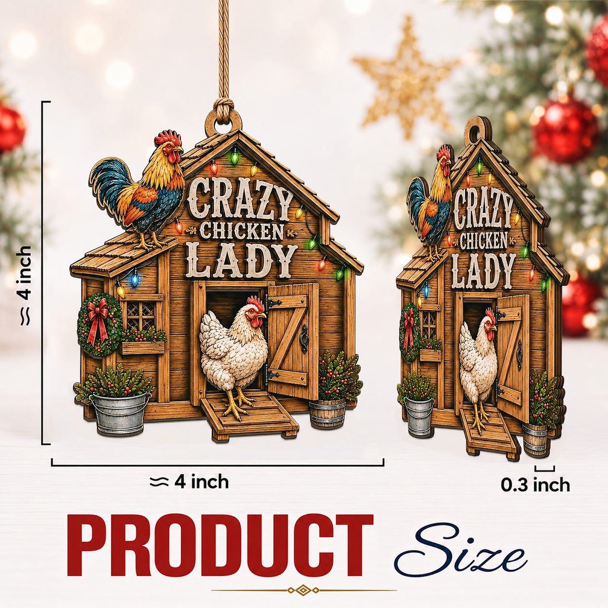 Crazy Chicken Lady Christmas Ornament, Funny Stocking Stuffer For Chicken Lady, Wood Ornament