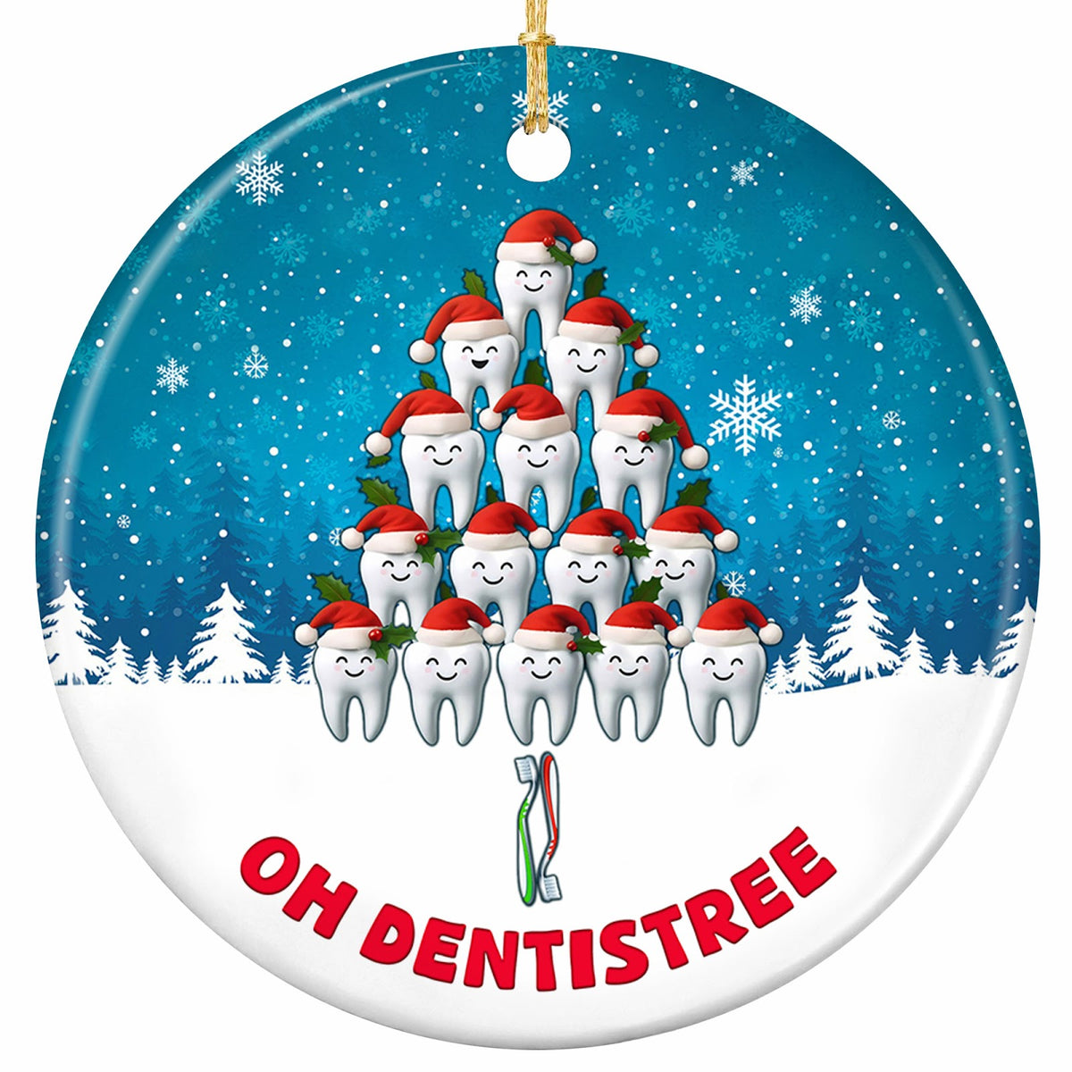 Fifteen Smiling Molars in Santa Hats Stacked Into a Tree on a Toothbrush Trunk. Ceramic Keepsake for Dental Teams.