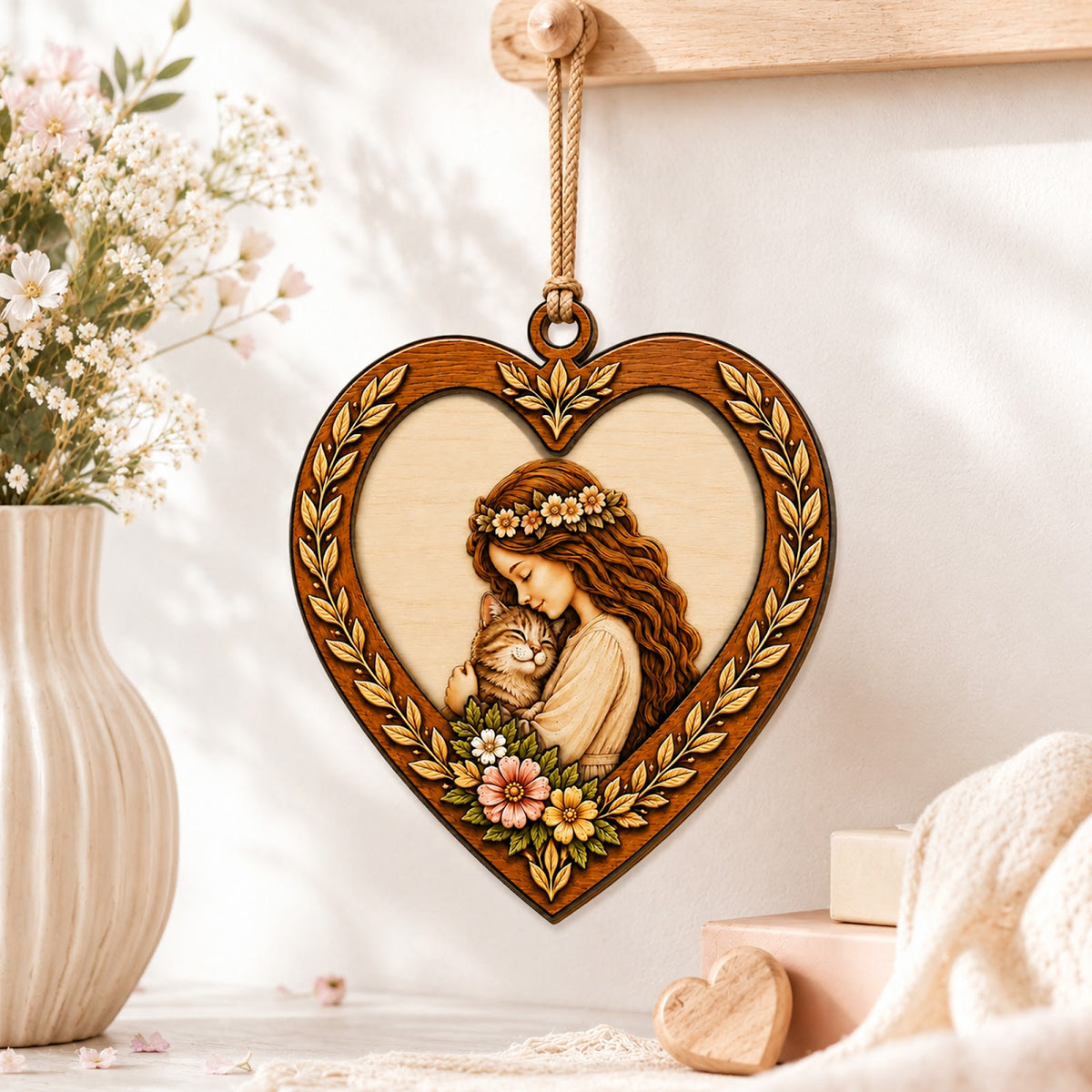 Girl Love Cat Christmas Ornament, Gift For Cat Girl, Wood Hanging Tree Decoration