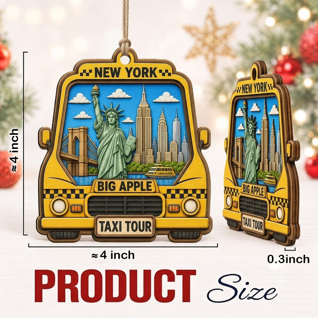 New York Taxi Christmas Ornament, NYC Yellow Cab Souvenir Gift, Wood Hanging Tree Decoration