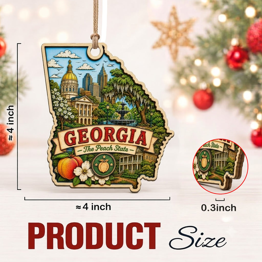 Georgia Christmas Ornament, Peach and Savannah Magnolia Souvenir Gift, Wood Tree Decoration