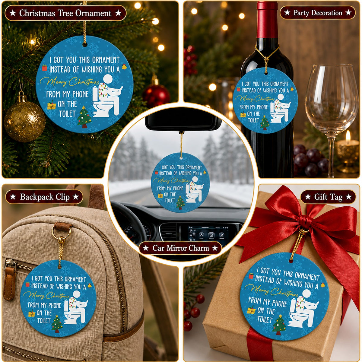 Funny Christmas Ornament, Phone On The Toilet Gag Gift, Ceramic Hanging Tree Decoration