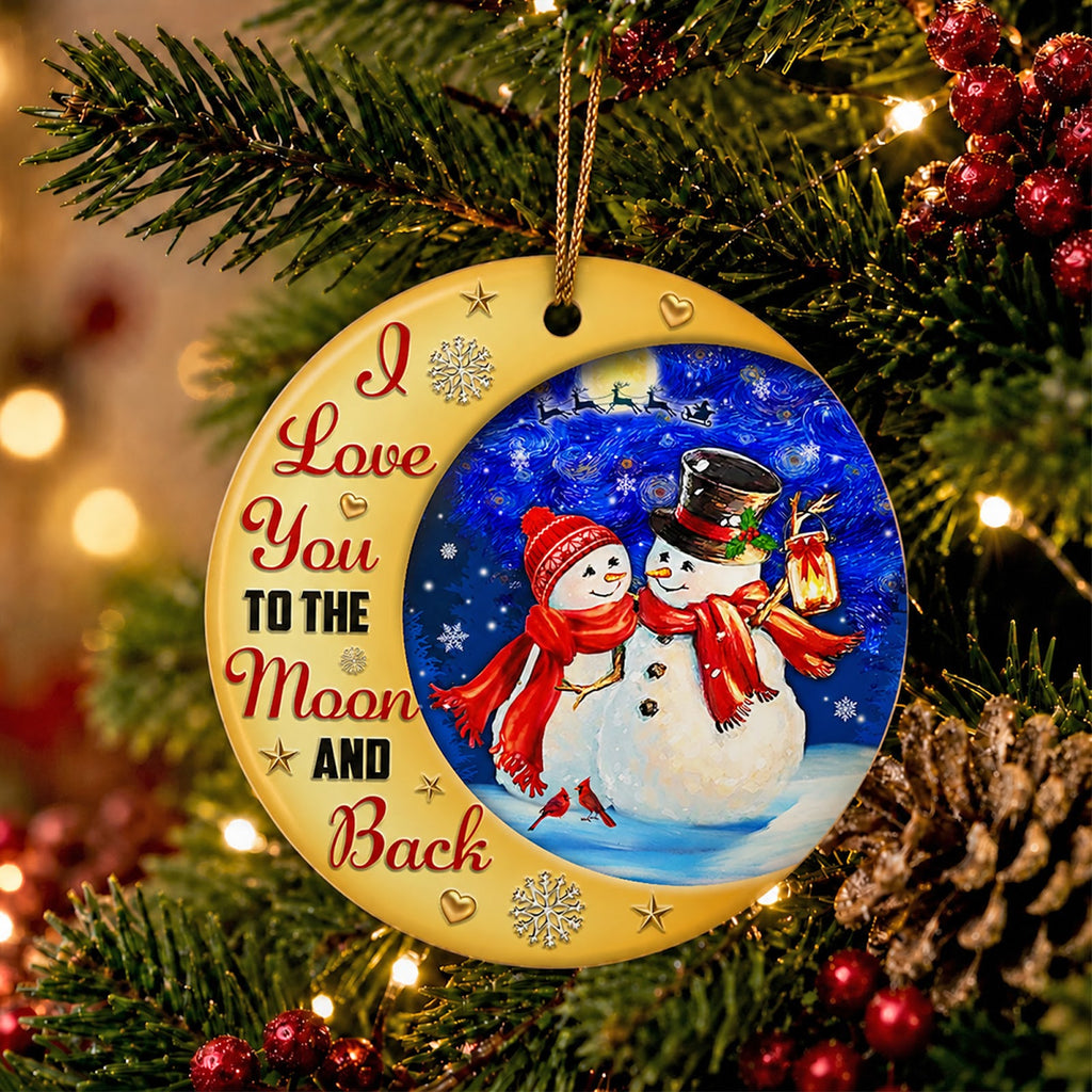 Couple Christmas Ornament, Snowman Moon Romantic Love Gift, Ceramic Hanging Tree Decoration