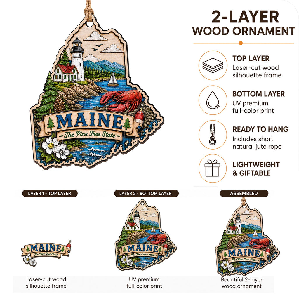 Maine Christmas Ornament, Lighthouse and Lobster Souvenir Gift, Wood Hanging Tree Decoration