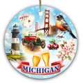 Striped Lighthouse, Suspension Bridge, Robin and Cherries in Watercolor. Ceramic Keepsake for Michigan Memories.
