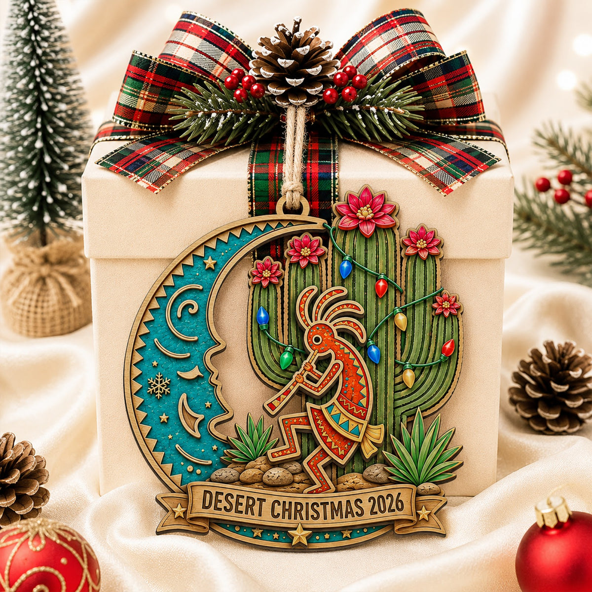 Southwest Desert Cactus Boho Christmas Ornament, Desert Southwest Keepsake, Wood Ornament