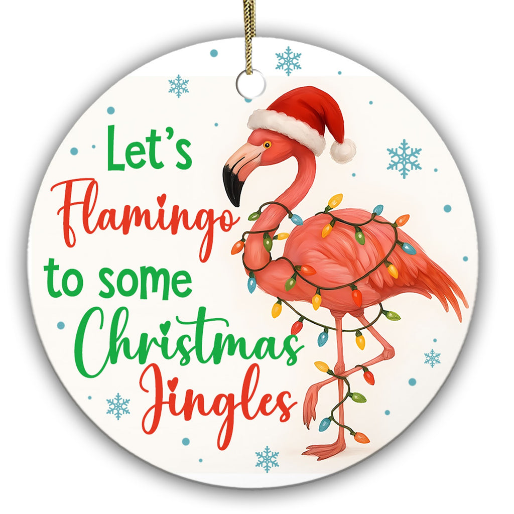 Let's Flamingo to Some Christmas Jingles. Pink Flamingo in a Santa Hat and String Lights, Ceramic Keepsake.