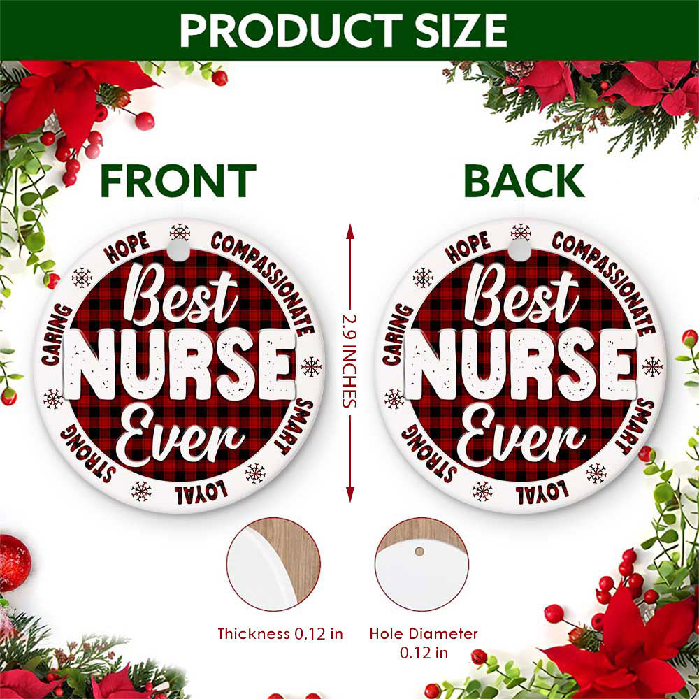 Nurse Christmas Ornament, Best Nurse Ever Plaid Gift, Ceramic Hanging Tree Decoration