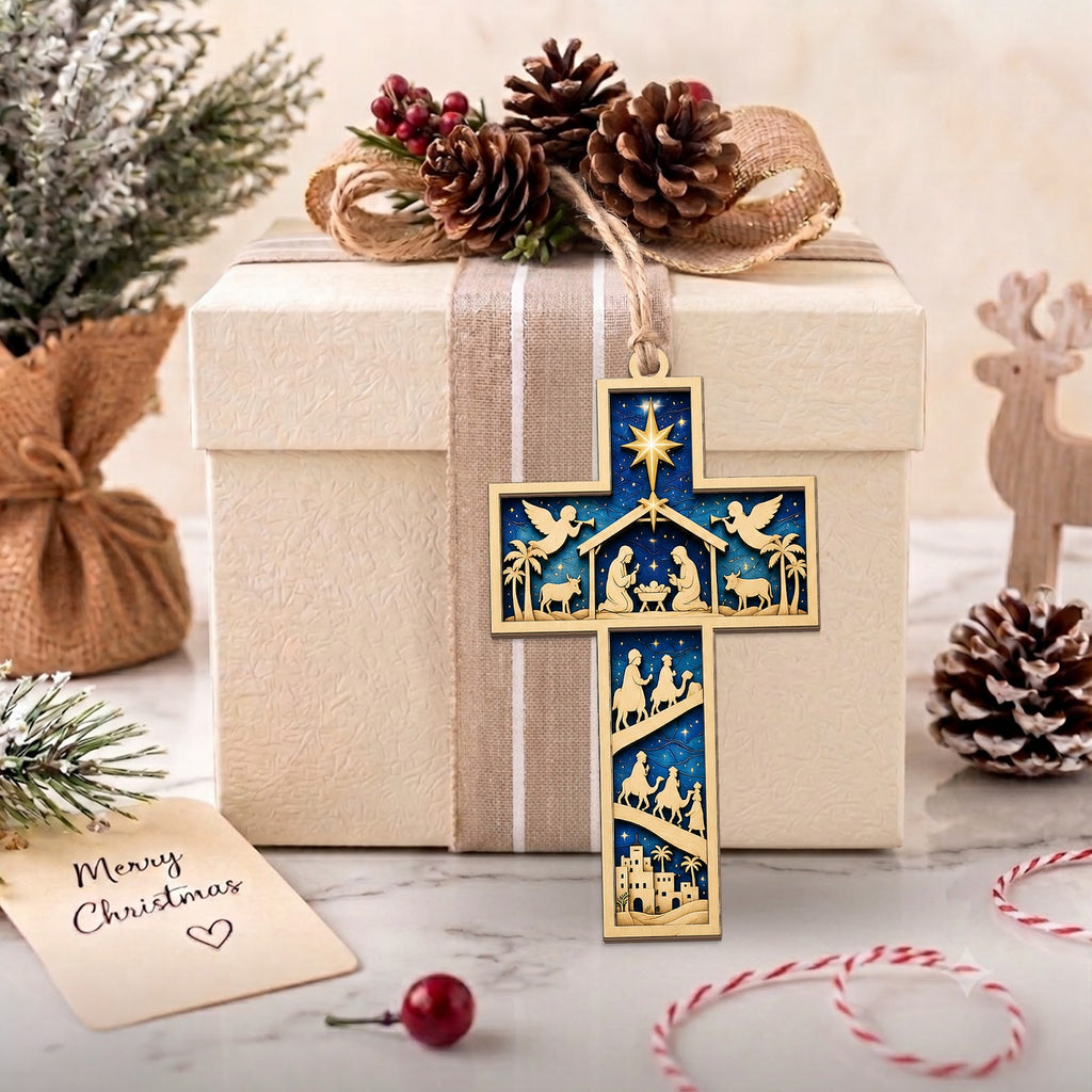 Nativity Cross Christmas Ornament, Religious Holiday Gift, Wood Hanging Tree Decoration