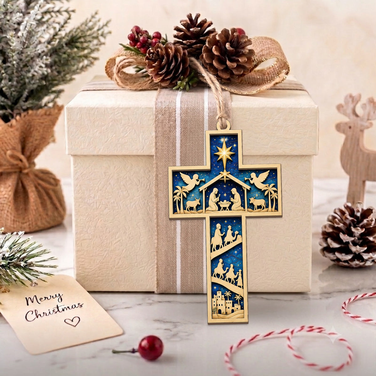Nativity Cross Christmas Ornament, Religious Holiday Gift, Wood Hanging Tree Decoration
