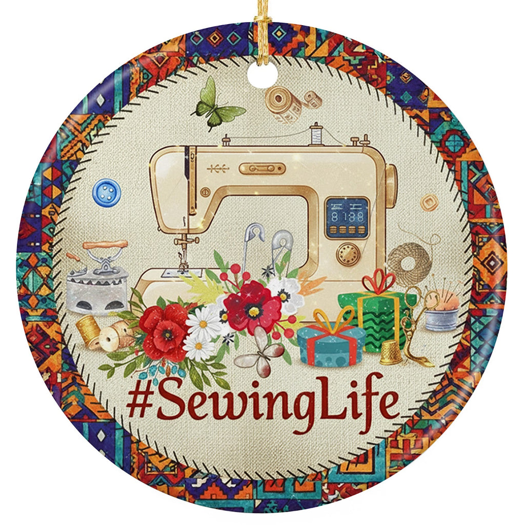 Vintage Machine, Spools, Thimble and Pincushion in a Boho Border. Ceramic Keepsake for Sewists and Quilters.