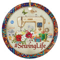 Vintage Machine, Spools, Thimble and Pincushion in a Boho Border. Ceramic Keepsake for Sewists and Quilters.