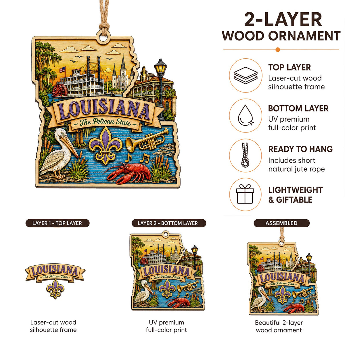Louisiana Christmas Ornament, Jazz Bayou and Cajun Souvenir Gift, Wood Hanging Tree Decoration