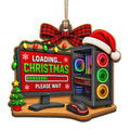 Shows a Gaming Monitor, RGB PC Tower, and Loading Christmas Please Wait Text. Fun Gift for Gamers and PC Enthusiasts.