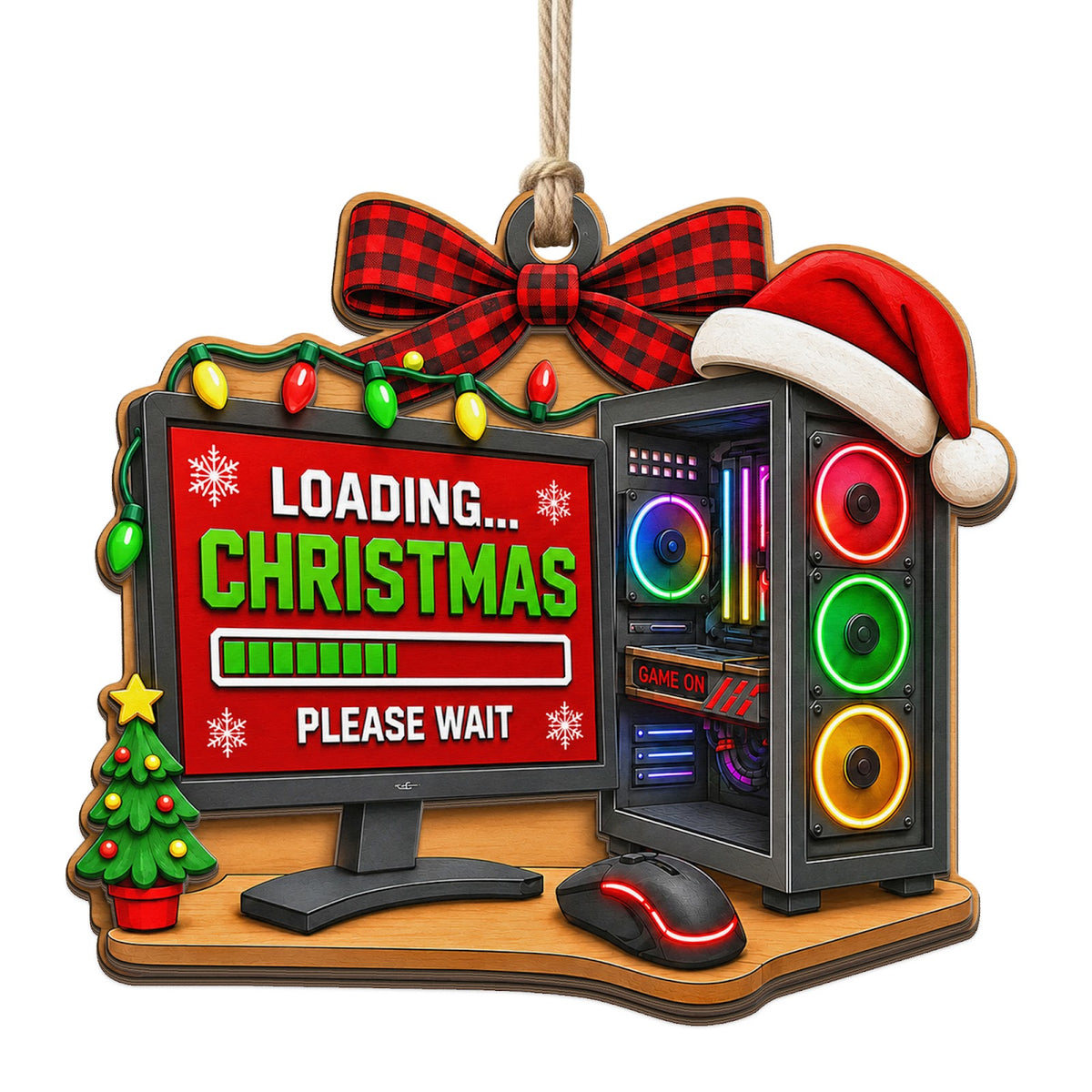 Shows a Gaming Monitor, RGB PC Tower, and Loading Christmas Please Wait Text. Fun Gift for Gamers and PC Enthusiasts.
